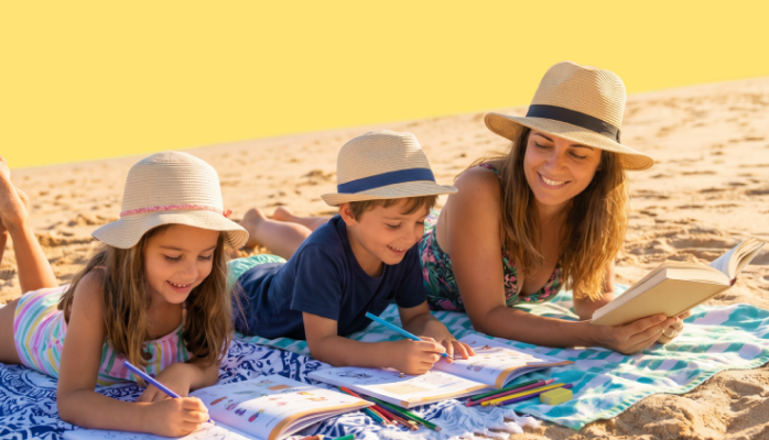 3 Crianças na praia com a mãe